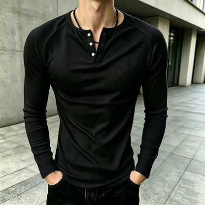T-shirt Henley côtelé décontracté et ajusté pour homme