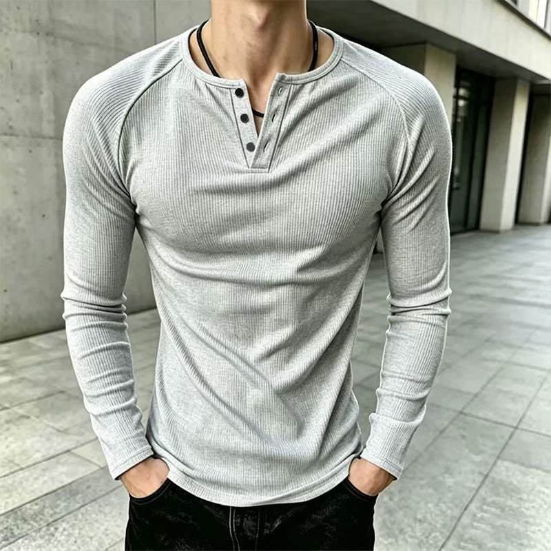 T-shirt Henley côtelé décontracté et ajusté pour homme