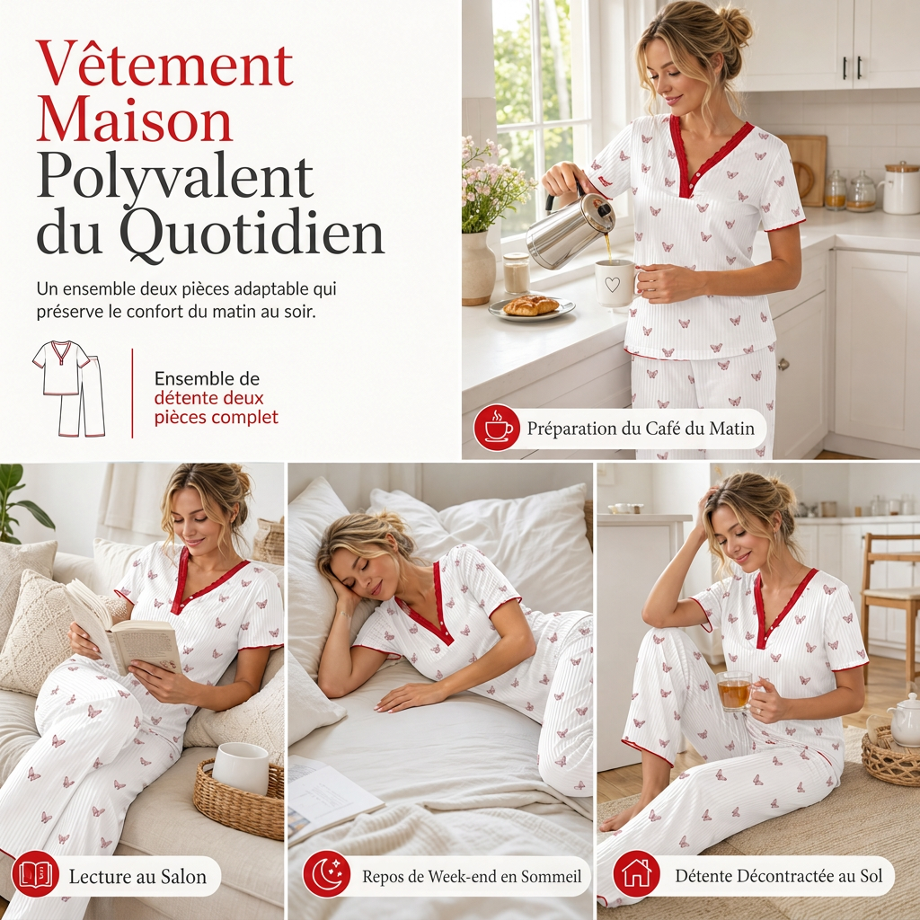 Ensemble de pyjama imprimé pour femme, haut à manches courtes et pantalon long, vêtement de détente confortable et élastique