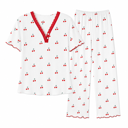 Ensemble de pyjama imprimé pour femme, haut à manches courtes et pantalon long, vêtement de détente confortable et élastique