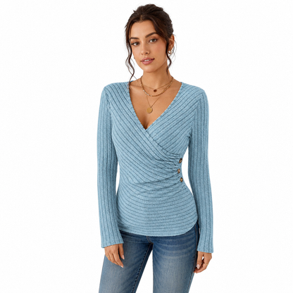 Haut à manches longues et col V, couleur unie, pour femmes, décontracté, pour le printemps et l'automne