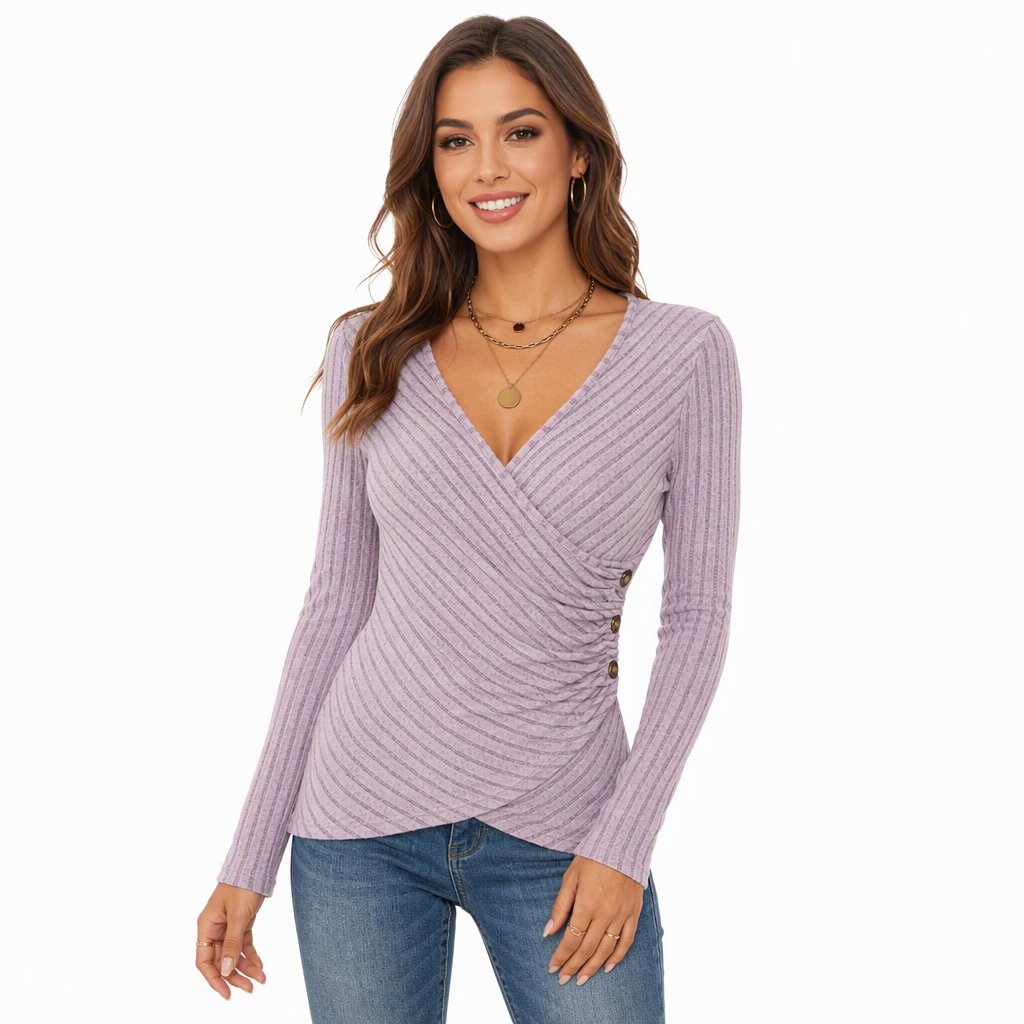 Haut à manches longues et col V, couleur unie, pour femmes, décontracté, pour le printemps et l'automne