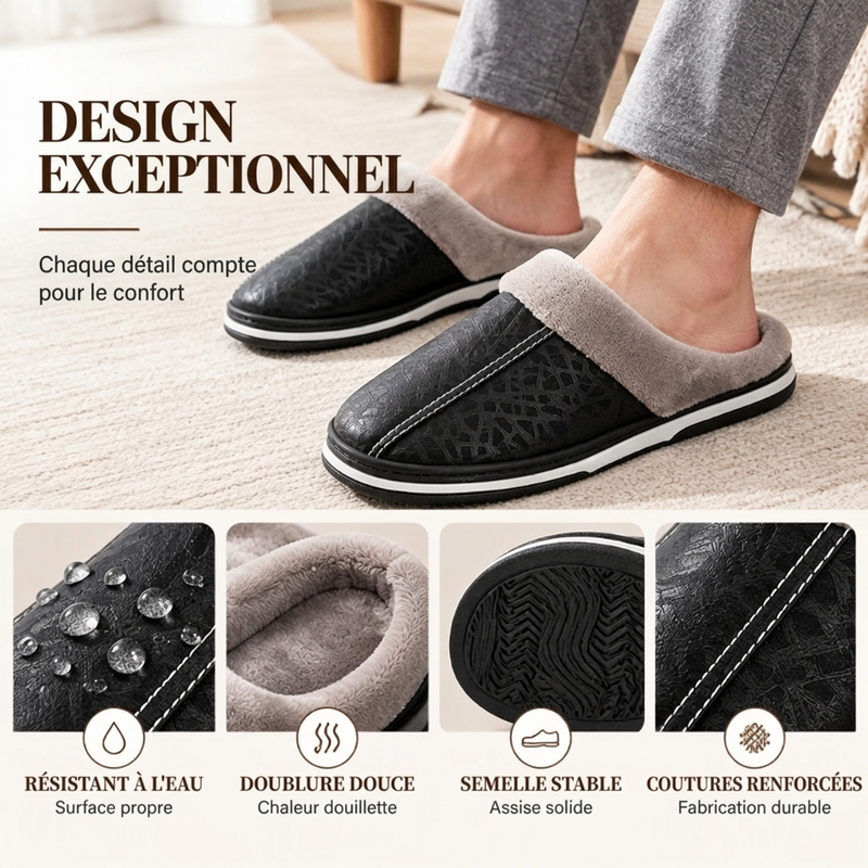 Chaussons d'hiver imperméables pour homme avec doublure en peluche