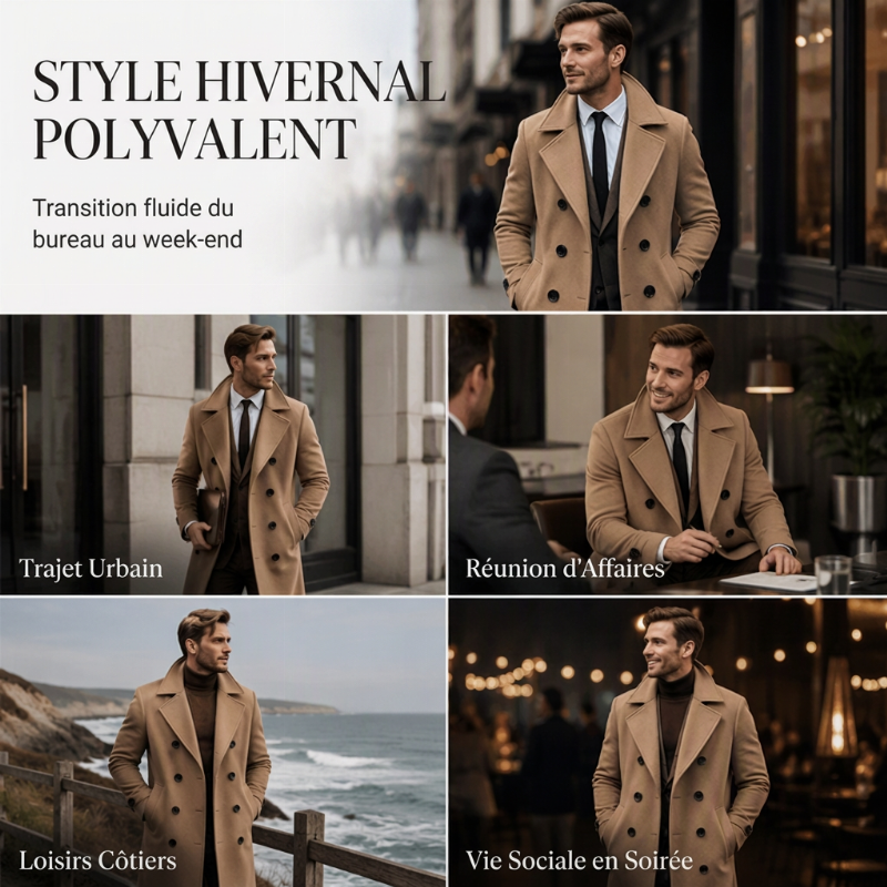 Manteau long classique double-breasted pour homme