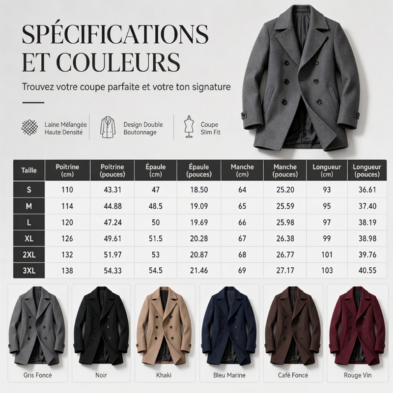 Manteau long classique double-breasted pour homme