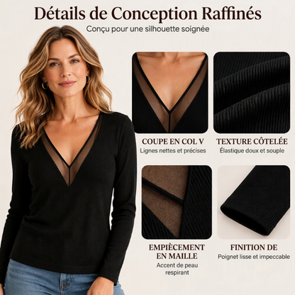 💖Haut à manches longues en maille avec patchwork et col en V pour femme