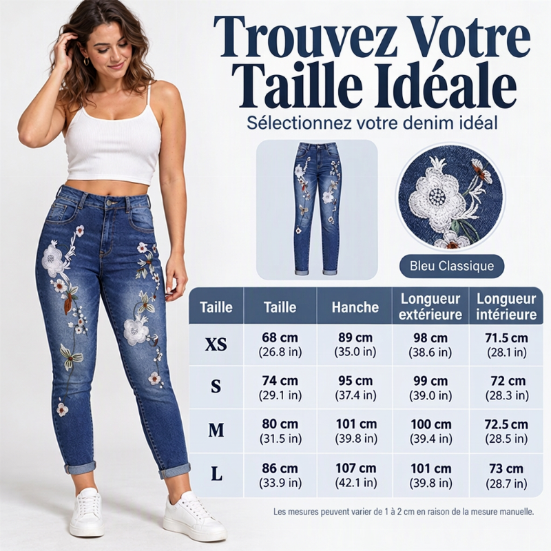 ✨ Ce jeans skinny pour femme, extensible et orné de broderies florales, mise sur une allure facile à porter 👖