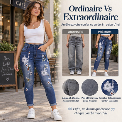 ✨ Ce jeans skinny pour femme, extensible et orné de broderies florales, mise sur une allure facile à porter 👖