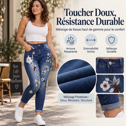 ✨ Ce jeans skinny pour femme, extensible et orné de broderies florales, mise sur une allure facile à porter 👖