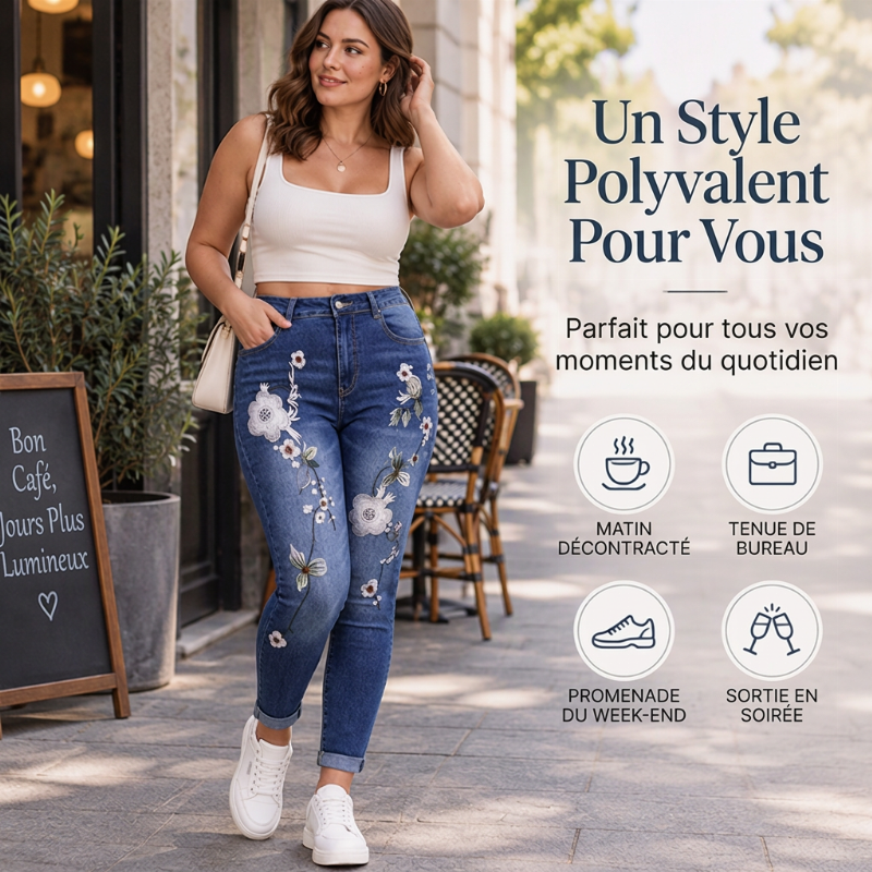 ✨ Ce jeans skinny pour femme, extensible et orné de broderies florales, mise sur une allure facile à porter 👖