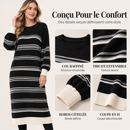 ✨ Robe pull femme en maille rayée à manches longues : facile à porter, esprit décontracté 🧶