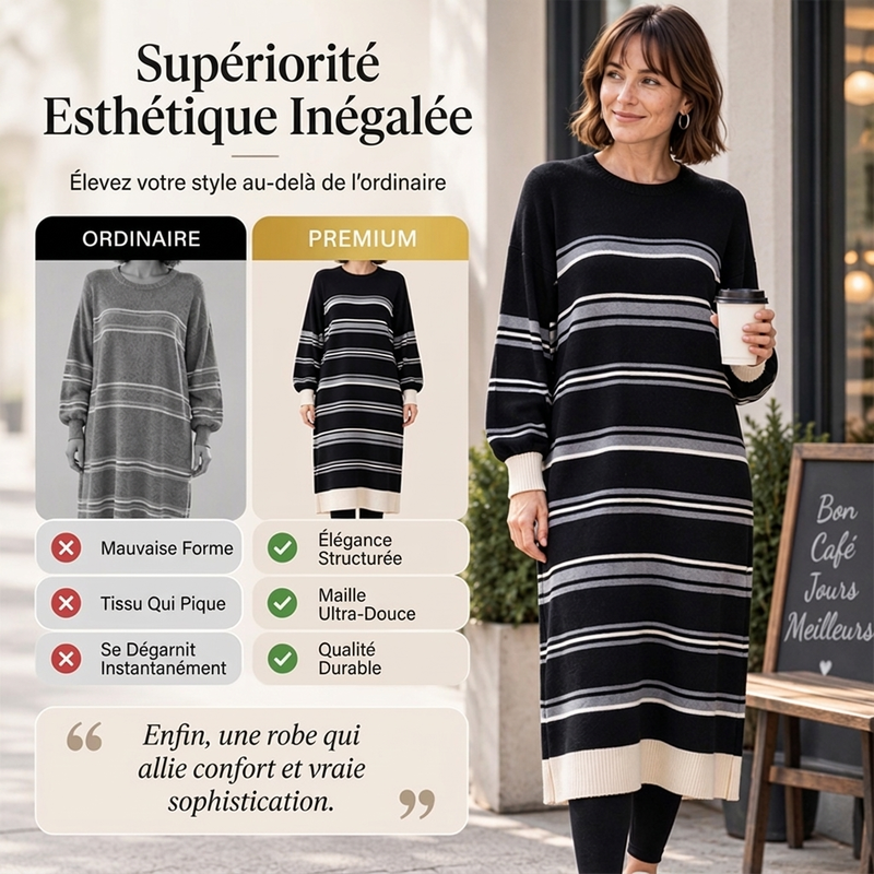 ✨ Robe pull femme en maille rayée à manches longues : facile à porter, esprit décontracté 🧶