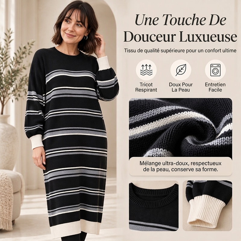 ✨ Robe pull femme en maille rayée à manches longues : facile à porter, esprit décontracté 🧶