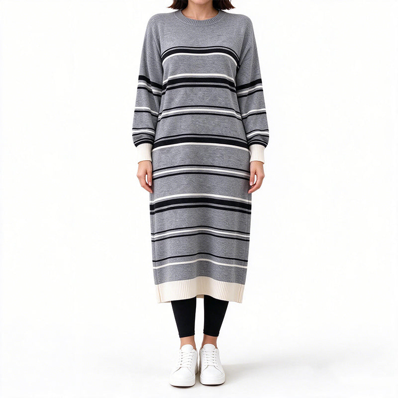 ✨ Robe pull femme en maille rayée à manches longues : facile à porter, esprit décontracté 🧶