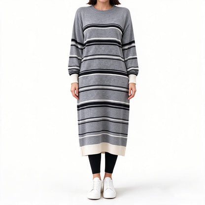 ✨ Robe pull femme en maille rayée à manches longues : facile à porter, esprit décontracté 🧶