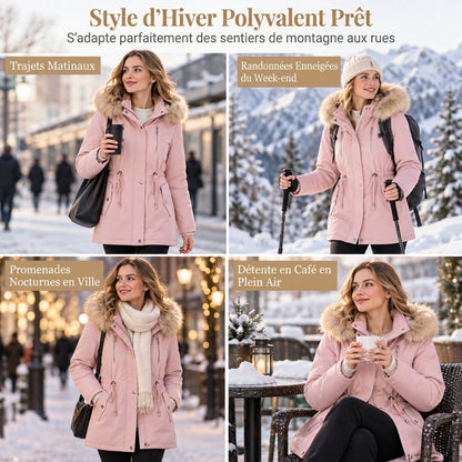 ✨ Ce manteau parka d’hiver pour femme avec capuche en fausse fourrure mise sur une taille réglable et une allure facile à porter ❄️