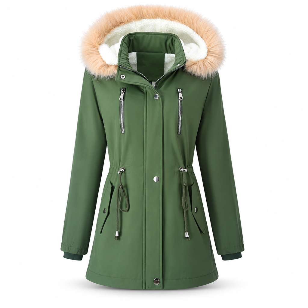 ✨ Ce manteau parka d’hiver pour femme avec capuche en fausse fourrure mise sur une taille réglable et une allure facile à porter ❄️