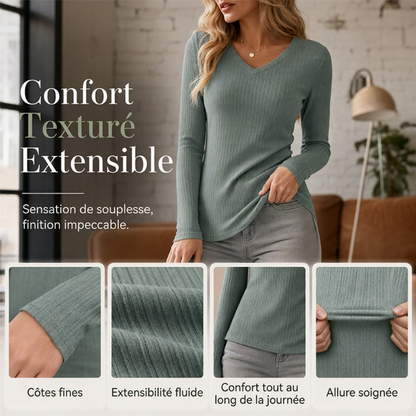 ✨ Haut en maille à col V pour femme, élégant : manches longues, maille texturée et facile à porter 🧶
