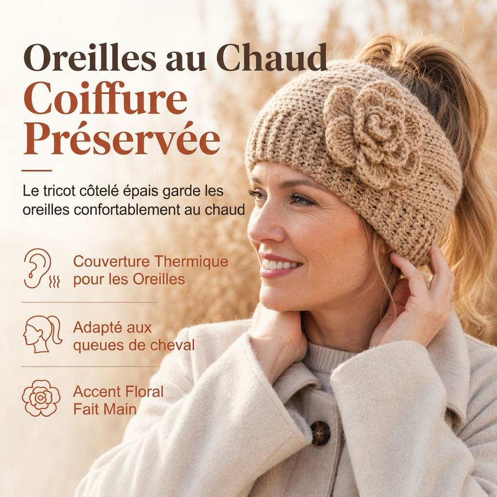Bandeau Tricoté d'Hiver Chaud pour Femme, Protège-Oreilles Large à Motifs Floraux, Accessoire Cheveux