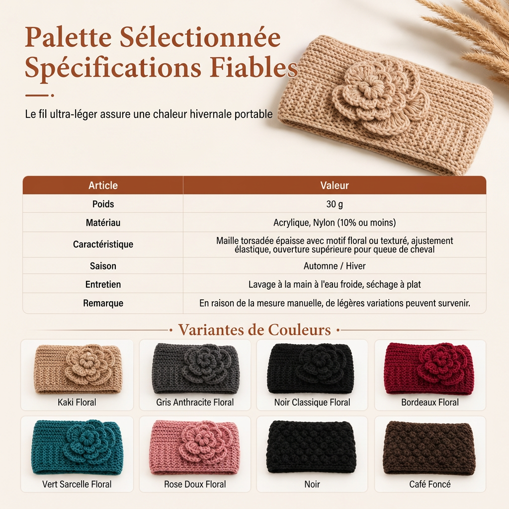 Bandeau Tricoté d'Hiver Chaud pour Femme, Protège-Oreilles Large à Motifs Floraux, Accessoire Cheveux