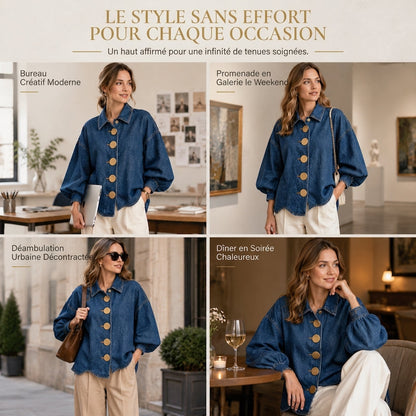 Manteau-chemise en jean Oversized délavé avec boutons dorés affirmés et manches lanternes