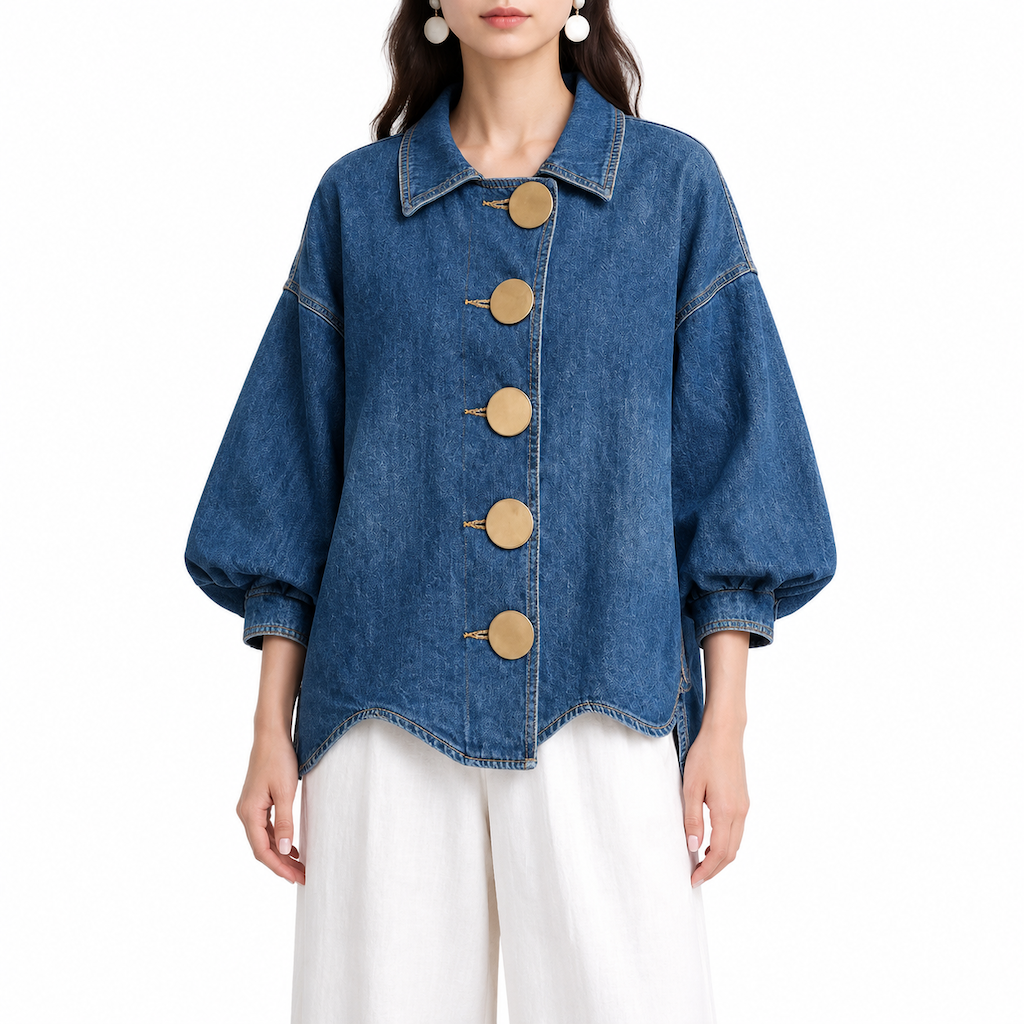 Manteau-chemise en jean Oversized délavé avec boutons dorés affirmés et manches lanternes