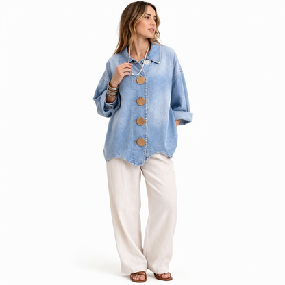 Manteau-chemise en jean Oversized délavé avec boutons dorés affirmés et manches lanternes