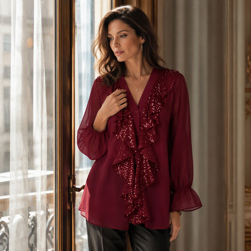 Haut en mousseline de soie à paillettes et col en V pour femme