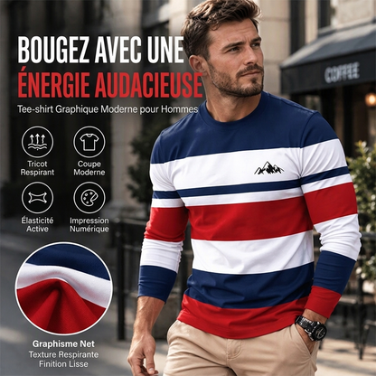 Haut à manches longues et col rond rayé pour homme