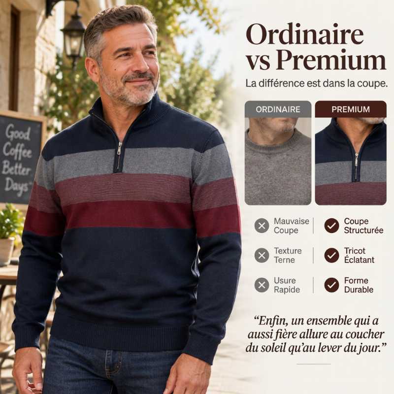 Pull rayé demi-zip ajusté et décontracté pour homme