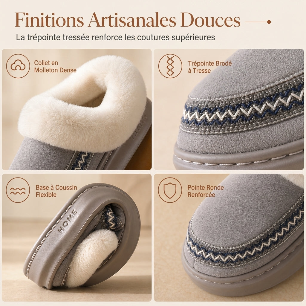 Pantoufles chaudes et épaisses pour femme, chaussures d'intérieur antidérapantes avec bordure en dentelle