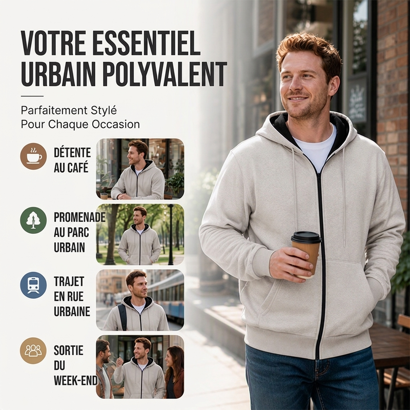 Pull à capuche zippé intégral pour homme, doublure chaude