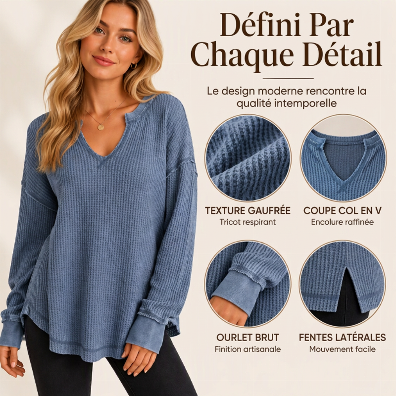 ✨ Haut en maille gaufrée à manches longues et col V pour femme : facile à porter au quotidien 🧶