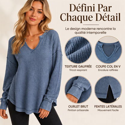 ✨ Haut en maille gaufrée à manches longues et col V pour femme : facile à porter au quotidien 🧶