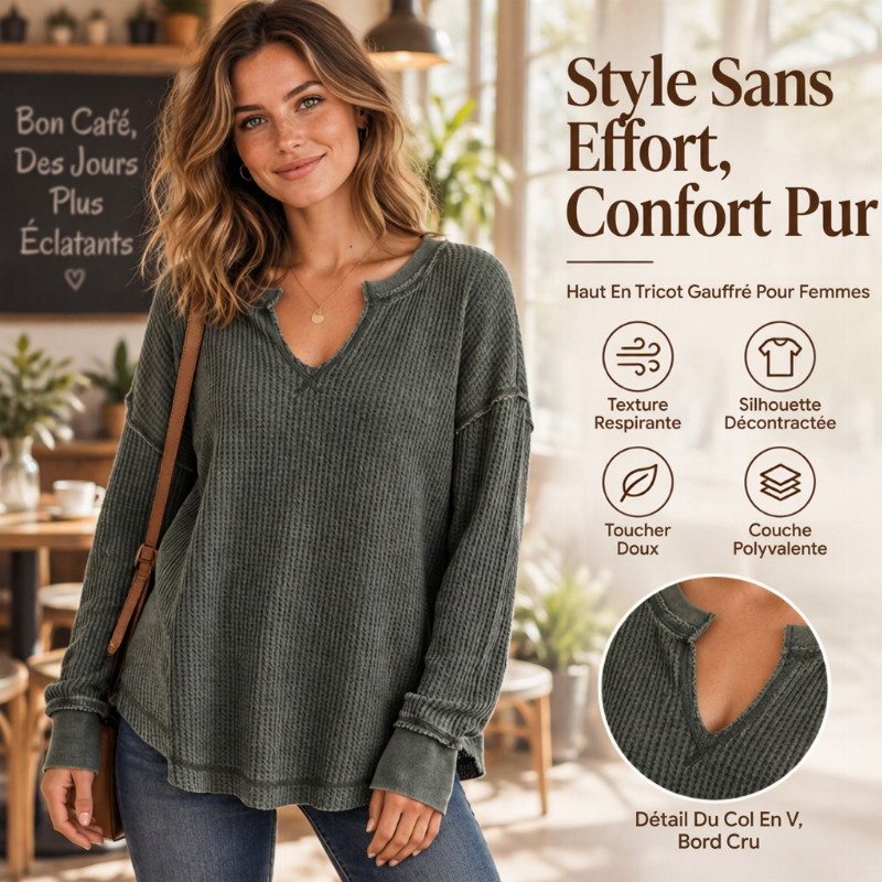 ✨ Haut en maille gaufrée à manches longues et col V pour femme : facile à porter au quotidien 🧶