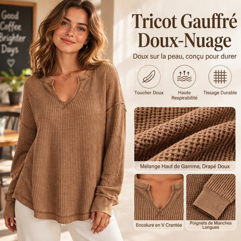✨ Haut en maille gaufrée à manches longues et col V pour femme : facile à porter au quotidien 🧶