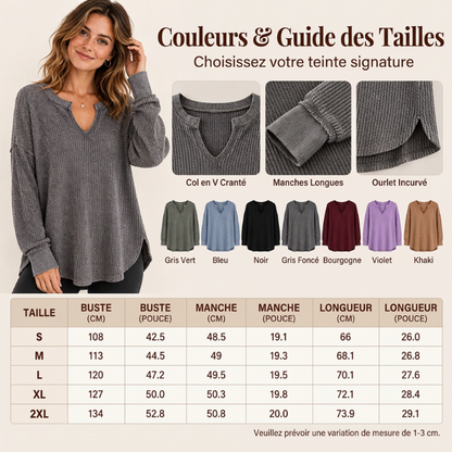 ✨ Haut en maille gaufrée à manches longues et col V pour femme : facile à porter au quotidien 🧶