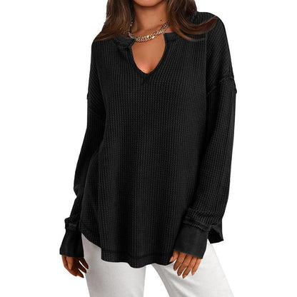 ✨ Haut en maille gaufrée à manches longues et col V pour femme : facile à porter au quotidien 🧶