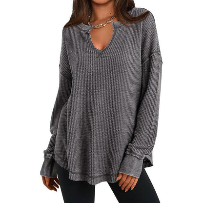 ✨ Haut en maille gaufrée à manches longues et col V pour femme : facile à porter au quotidien 🧶