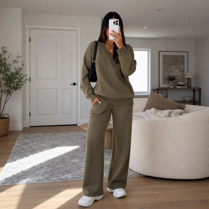 ✨ Ensemble 2 pièces pour femme : pull en maille col V et pantalon large, facile à porter au quotidien 🧶