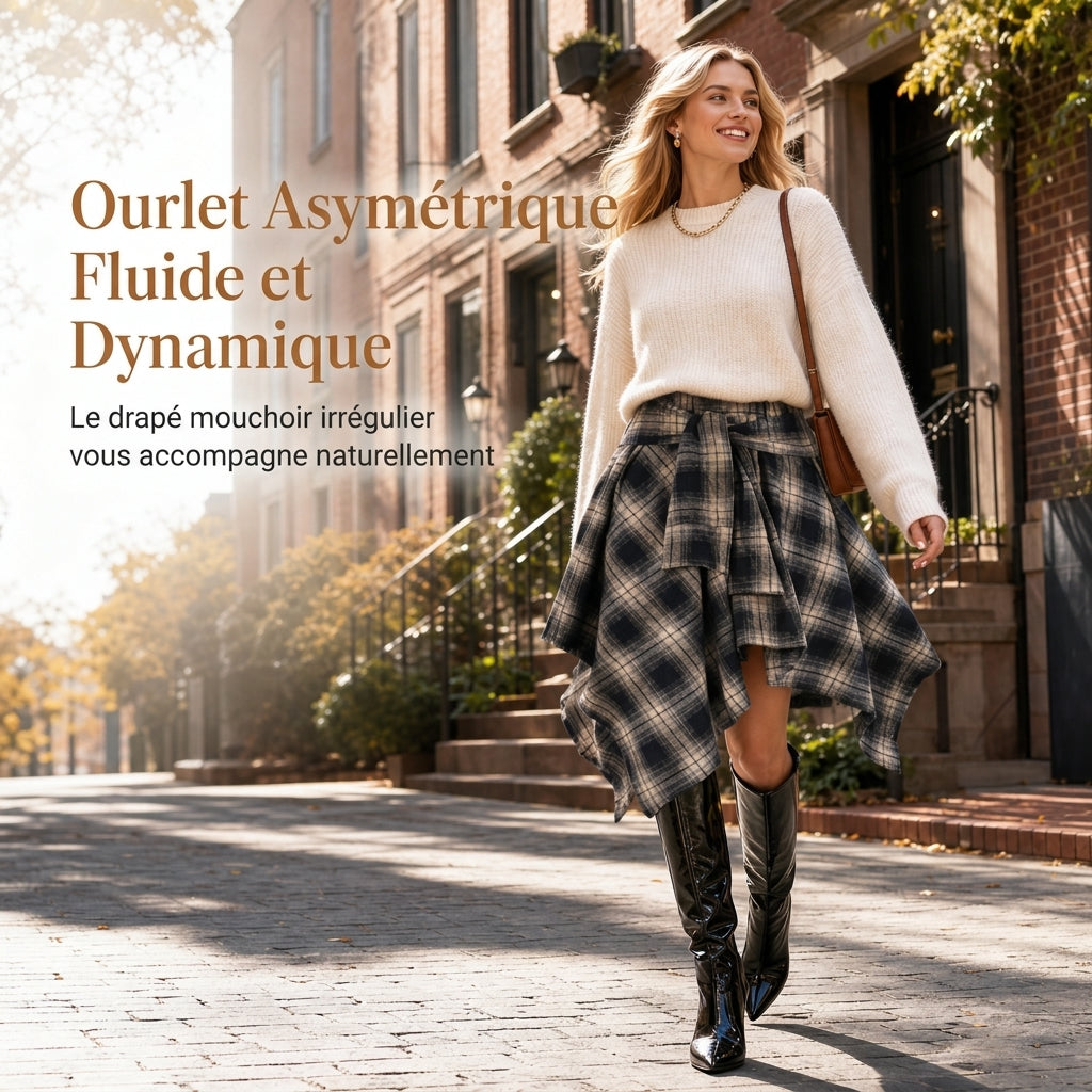 ✨ Jupe pour femme à carreaux, effet patchwork, asymétrique et taille haute : facile à porter au quotidien 👗