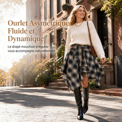 ✨ Jupe pour femme à carreaux, effet patchwork, asymétrique et taille haute : facile à porter au quotidien 👗