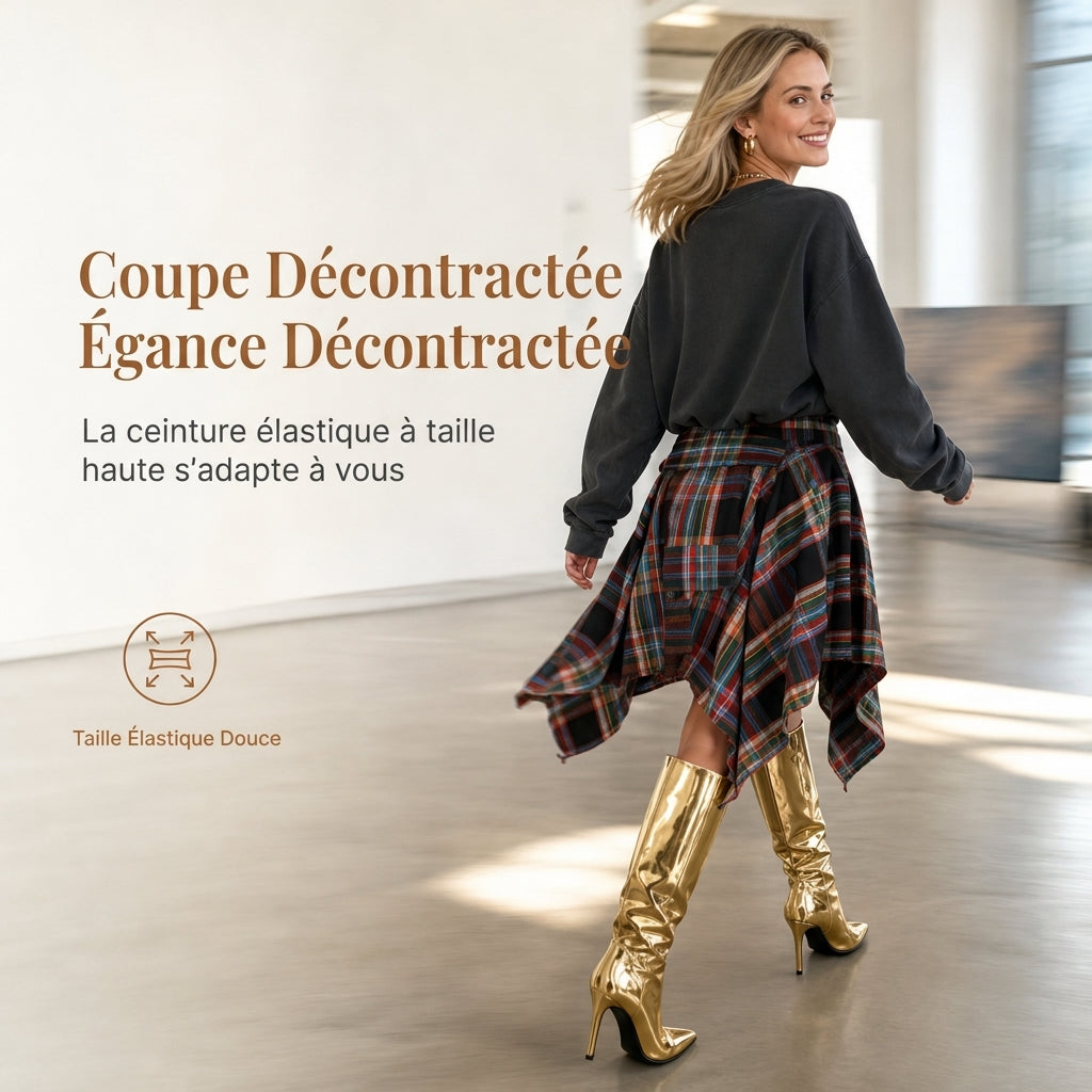 ✨ Jupe pour femme à carreaux, effet patchwork, asymétrique et taille haute : facile à porter au quotidien 👗
