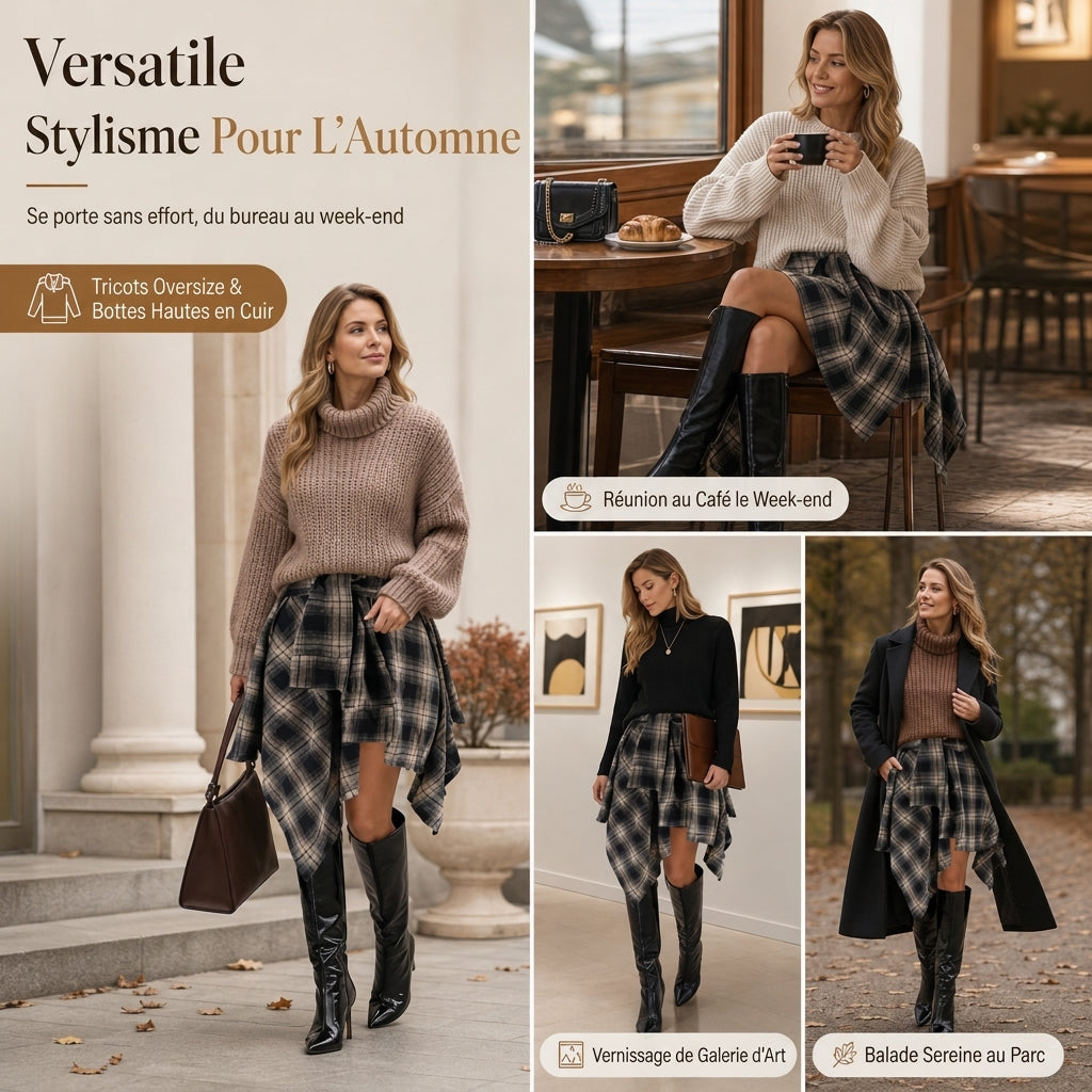 ✨ Jupe pour femme à carreaux, effet patchwork, asymétrique et taille haute : facile à porter au quotidien 👗