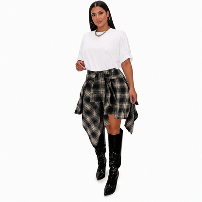 ✨ Jupe pour femme à carreaux, effet patchwork, asymétrique et taille haute : facile à porter au quotidien 👗