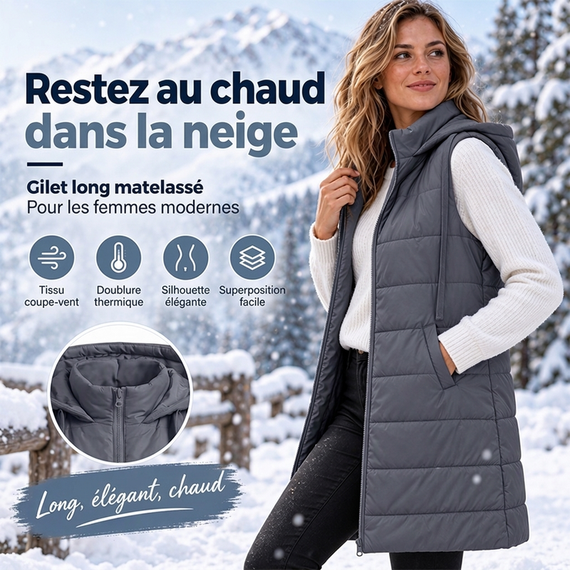 ✨ Gilet matelassé mi-long à capuche pour femme : facile à porter au quotidien 🧥