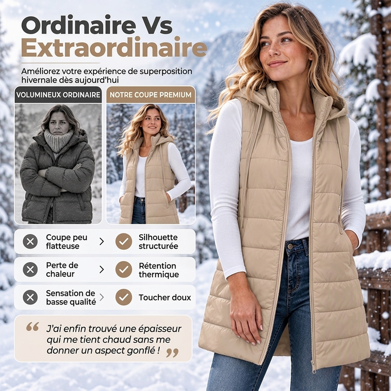 ✨ Gilet matelassé mi-long à capuche pour femme : facile à porter au quotidien 🧥