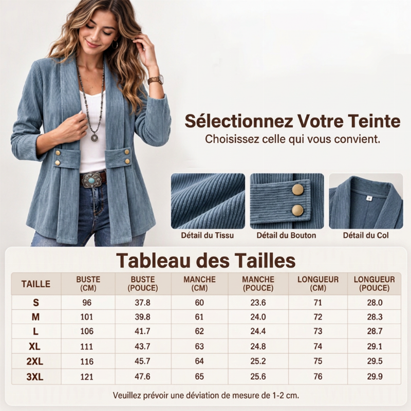 ✨ Veste en velours côtelé pour femme, ouverte sur le devant : facile à porter au quotidien 🧥