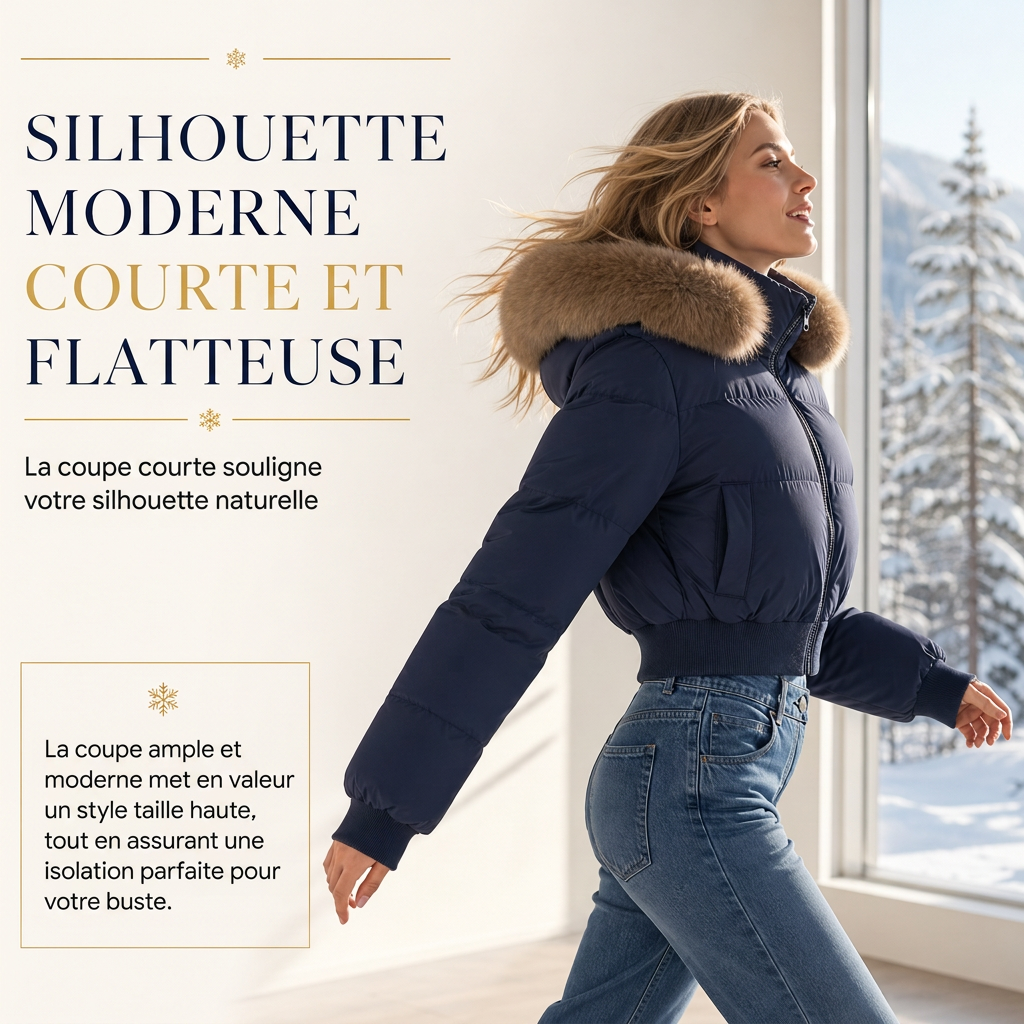 Manteau matelassé court à capuche pour femme, avec col en fourrure, pour l'hiver