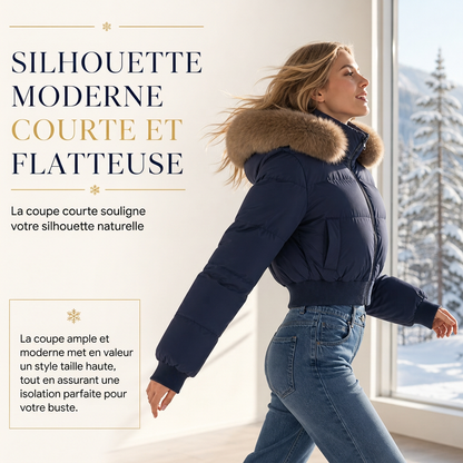 Manteau matelassé court à capuche pour femme, avec col en fourrure, pour l'hiver